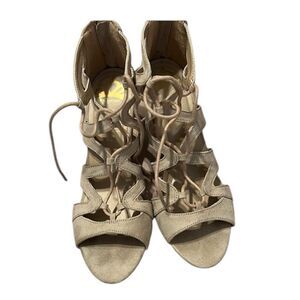 Fergalicious Heartthrob faux suede lace up back zip heeled sandals EUC